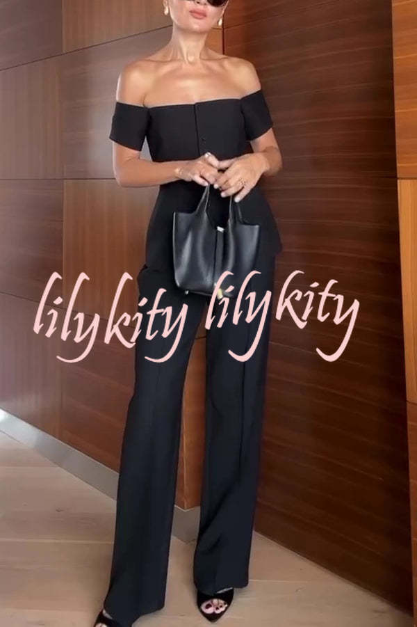 Solid Color Off-the-shoulder Single-breasted Top and Casual Pocket Straight-leg Pants Set