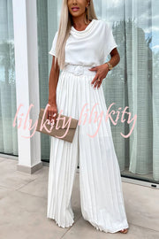 Ivy Cowl Neck Short Sleeve Belt Pleated Loose Wide Leg Jumpsuit