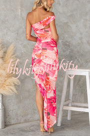 Imposter Mesh Floral Asymmetrical Neck Ruched Stretch Maxi Dress