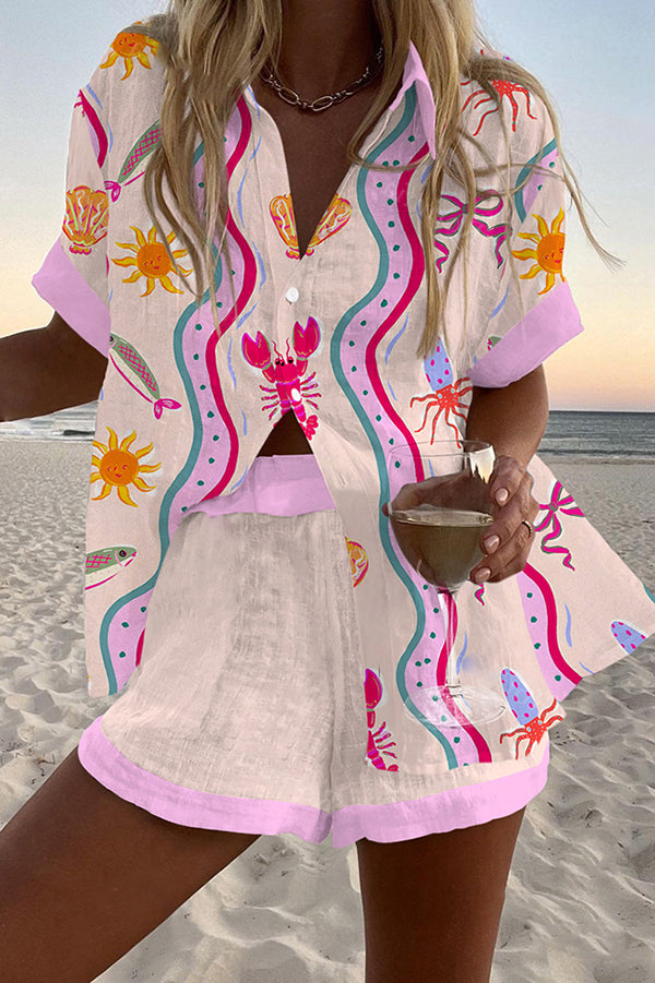 Marine Life Print Loose Button Elastic Waist Shorts Set