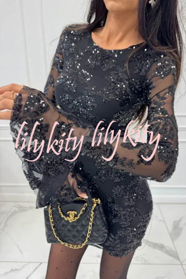 Deep and Dazzling Floral Texture Sequin Long Bell Sleeve Open Back Mini Dress