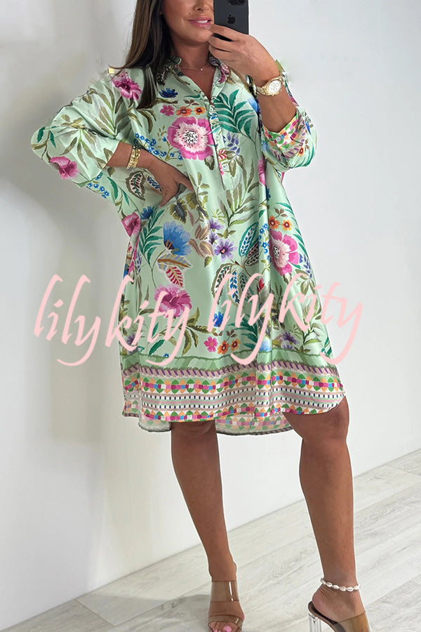 Floral Print Long Sleeve Lapel Loose Mini Dress