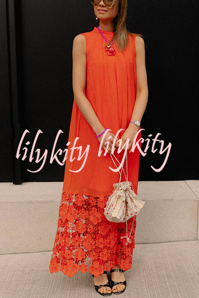 Breezy Comfort Tie-up Neck Sleeveless Floral Lace Hem Maxi Dress