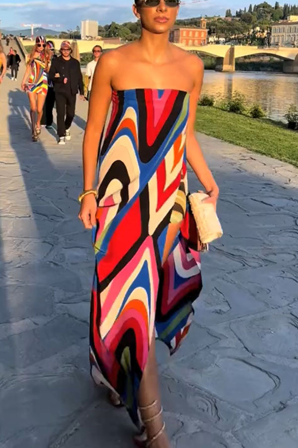 Kennedy Unique Print Off Shoulder Side Slit H-line Maxi Dress