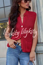 Solid Color Sleeveless Button Pocket Knit Vest