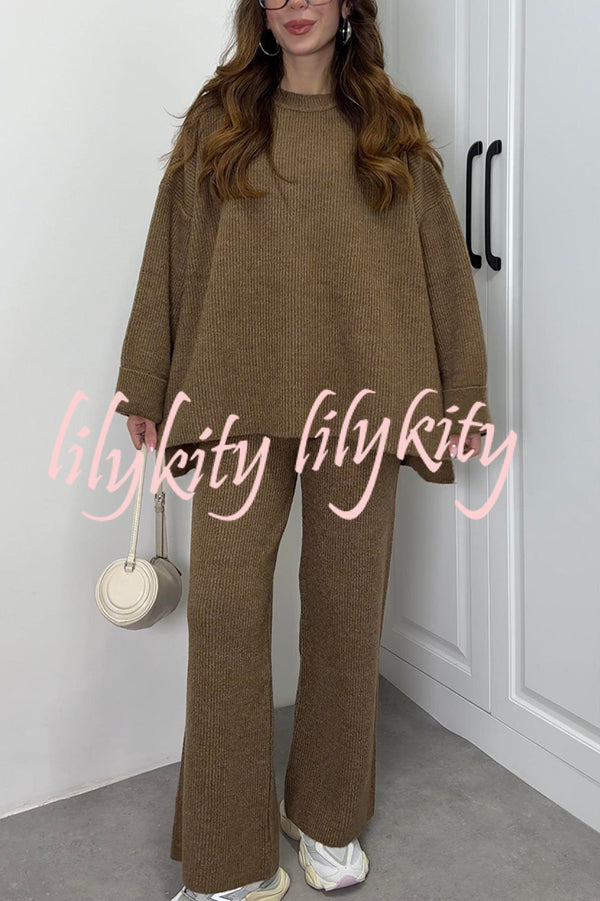 Solid Color Loose Long-sleeved Knit Top and Elastic Waist Casual Straight Leg Pants Set