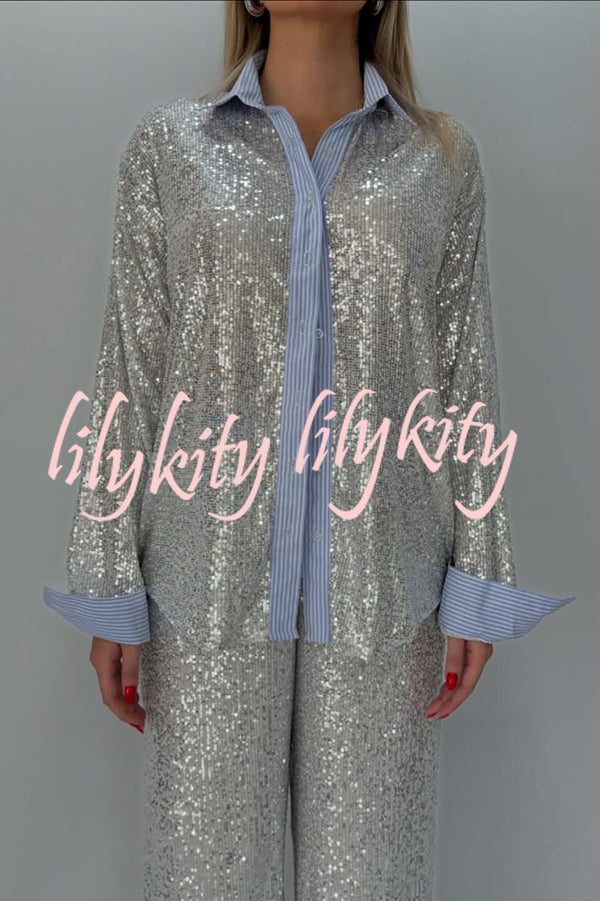 Fashion Sequined Loose Long-sleeved Shirt and Casual Elastic Waist Wide-leg Pants Set