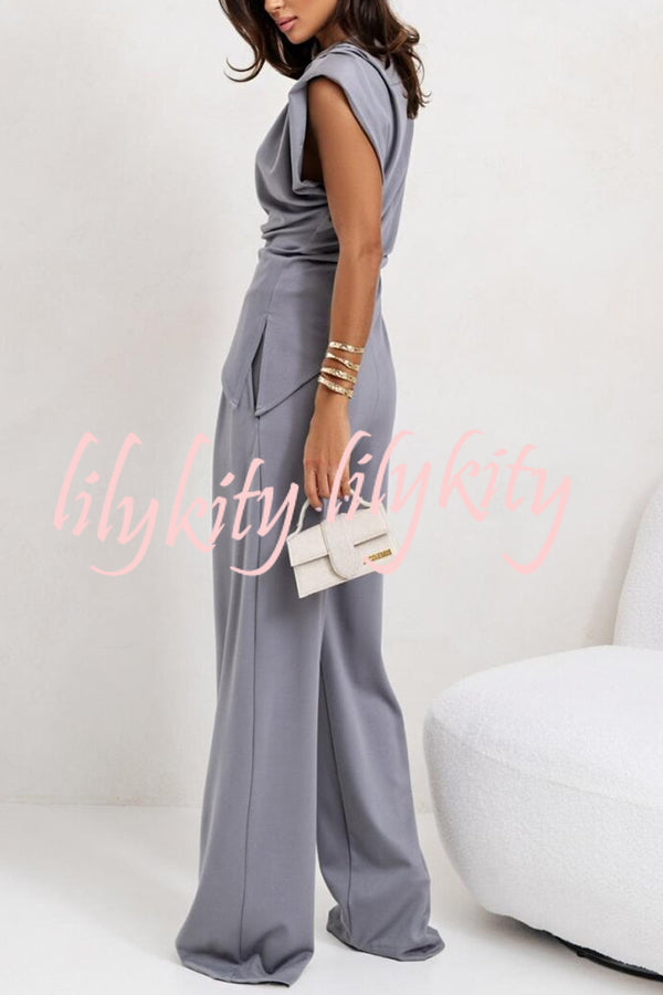 Jordy Ruched Shoulder Slit Top and Elastic Waist Pocketed Wide Leg Pants Set