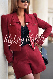 Sweet Dreams Tweed Bow Neck Button Long Sleeve Pocket Crop Jacket