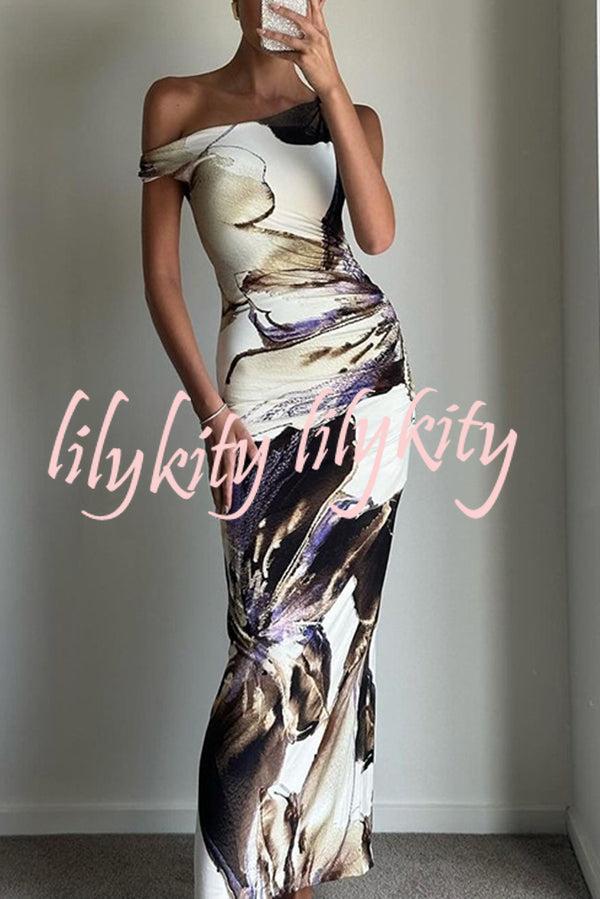 Charming Mentality Abstract Floral Print One Shoulder Stretch Maxi Dress