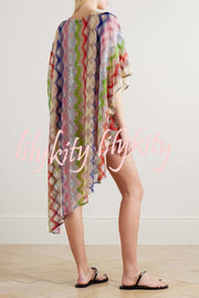 Sun Washed Knit Colorful Zigzag Pattern Asymmetric Hem Loose Cover-ups Kaftan