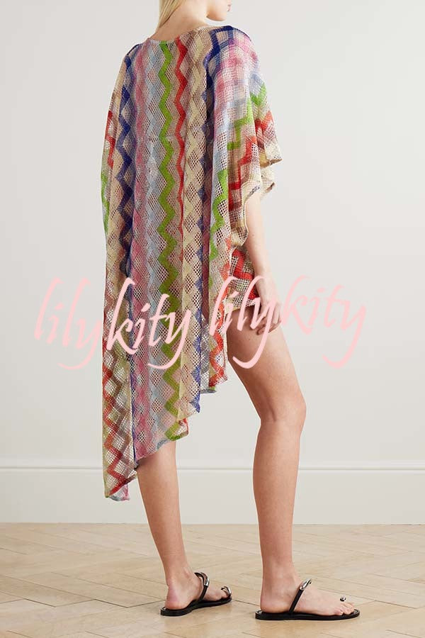Sun Washed Knit Colorful Zigzag Pattern Asymmetric Hem Loose Cover-ups Kaftan