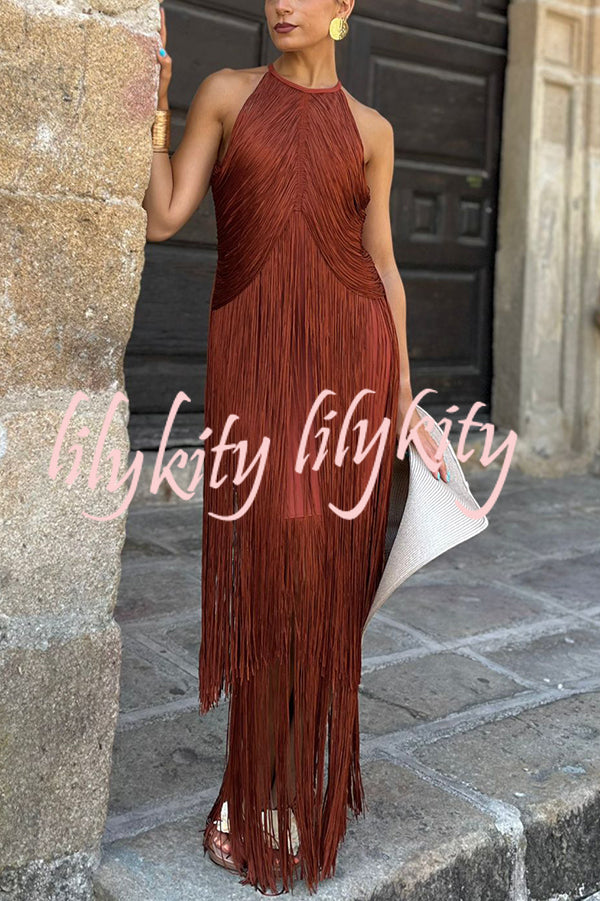Fashion Sleeveless Halter Neck Elegant Tassel Slim Maxi Dress