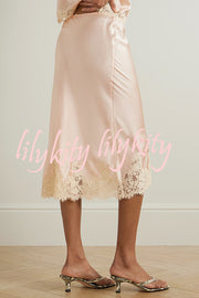 Celebration Look Contrast Color Satin Lace Trim Elastic Waist Drape Midi Skirt