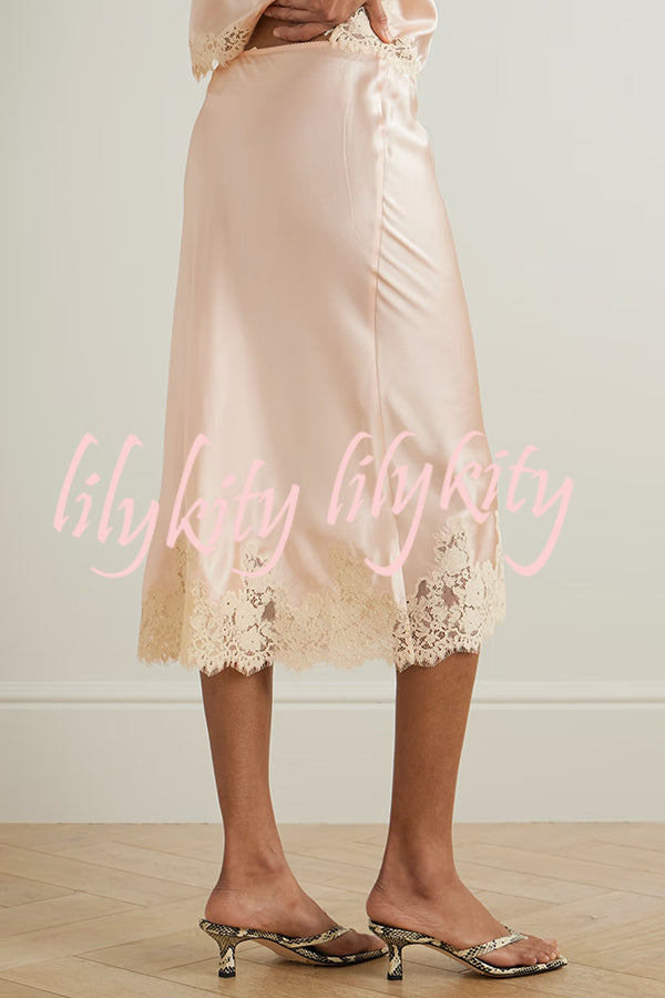 Celebration Look Contrast Color Satin Lace Trim Elastic Waist Drape Midi Skirt