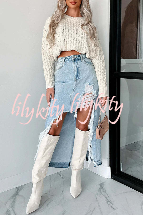 Darla Cutting Ties Heavily Distressed Denim Maxi Skirt