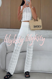 Solid Color Hollow Sleeveless Round Neck Knitted Vest and Stretch Casual Straight Pants Set