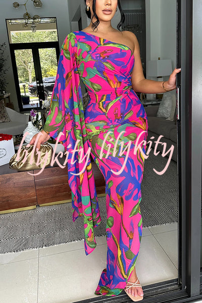 Colorful Printed One-sleeve Slim-fitting Slit Maxi Dress