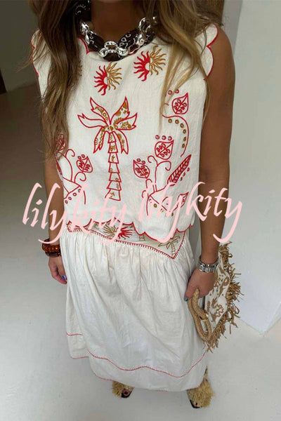 Sunny Day Linen Blend Contrast Embroidered Print Scallop Trim Lace-up Top