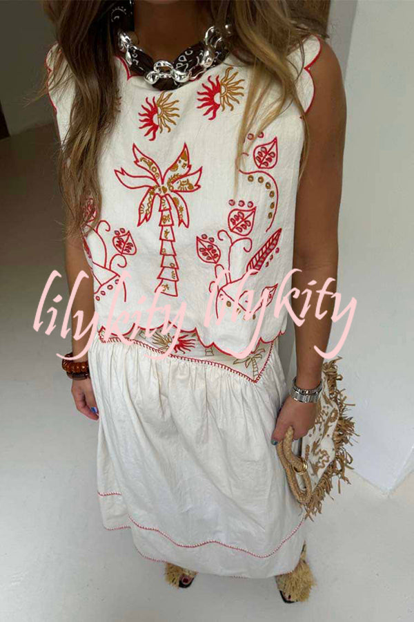 Sunny Day Linen Blend Contrast Embroidered Print Scallop Trim Lace-up Top