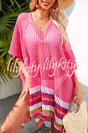 Color Block V Neck Slit Hollow Short Sleeved Knitted Cover Up