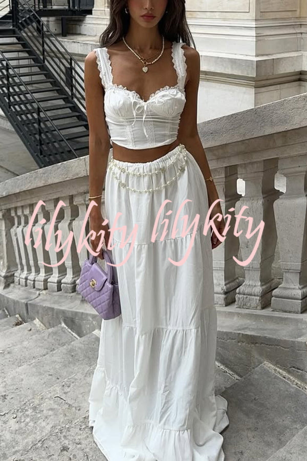 Fashionable Suspender Slim-fit Top and Elastic Waist Stitching Elegant Maxi Skirt Set