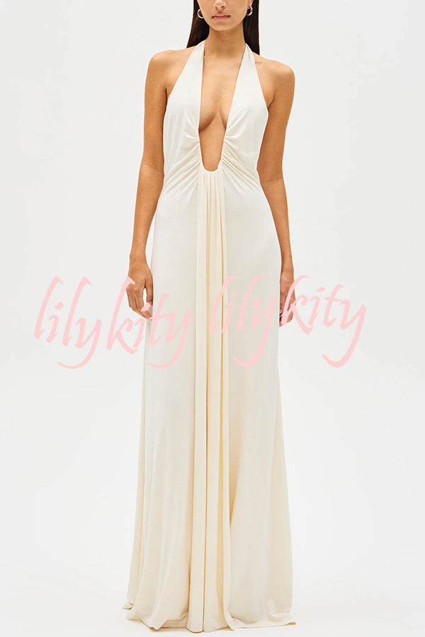 Sexy Silhouette Deep U-neck Halter Waterfall Sash Drape Maxi Dress