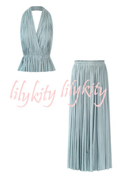 Pure Lightness Chiffon Pleated Halter Backless Top and Elastic Waist A-line Maxi Skirt Set