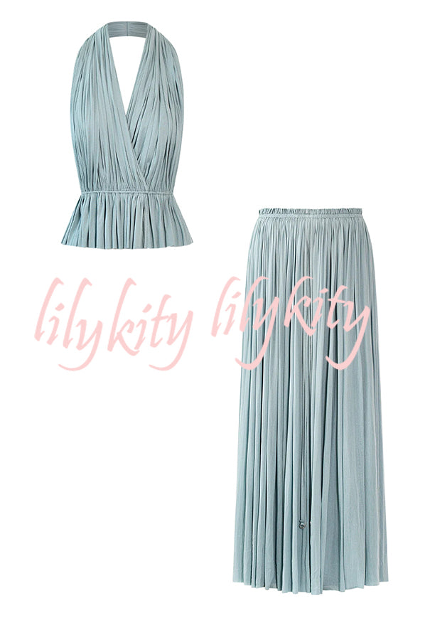 Pure Lightness Chiffon Pleated Halter Backless Top and Elastic Waist A-line Maxi Skirt Set