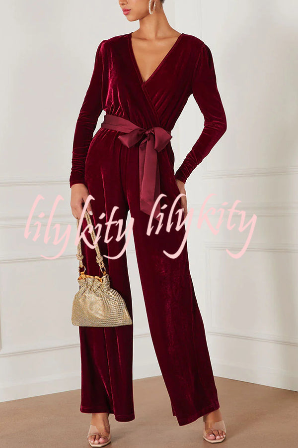 Love One Another Velvet Bow Belted Pocket Cutout Back Loose Jumpsuit