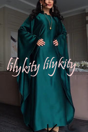 Dignified and Elegant Satin Batwing Sleeve with Waist Tie Design A-line Maxi Dress