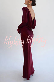 Satin Elegant Long-sleeved Open-back Slim-fit Slit Maxi Dress