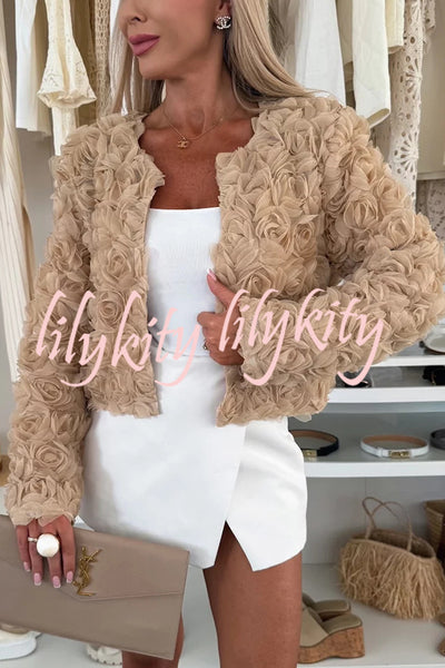 Fashionable Three-dimensional Flower Casual Long-sleeved Cropped Jacket