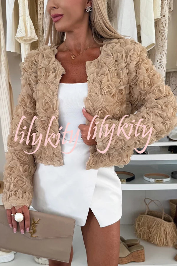 Fashionable Three-dimensional Flower Casual Long-sleeved Cropped Jacket