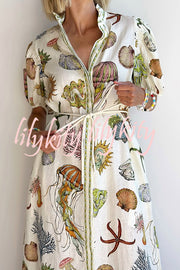 Beach Shell Print Puff Sleeve Tie-Waist Casual Midi Dress