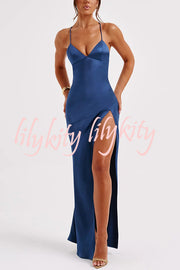 Satin Solid Color Sexy Backless Lace Up High Slit Maxi Dress