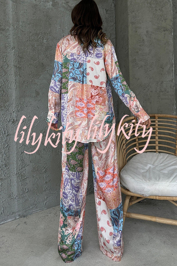 Unique Ethnic Print Long-sleeved Shirt and Elastic Waist Pants Set