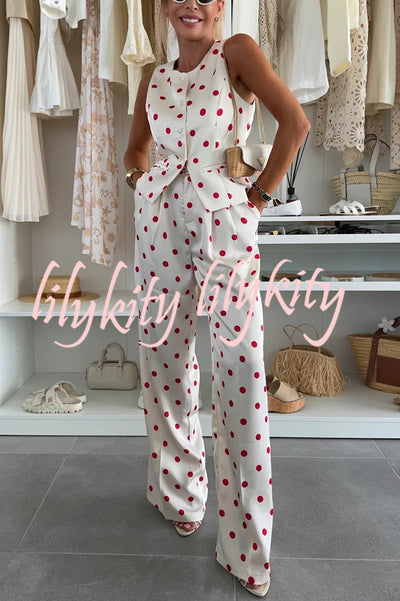 Koreen Polka Dot Round Neck Button Vest and High Rise Pocket Straight Pants Set