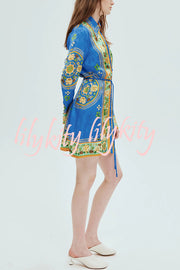 Katia Satin Unique Print Shaped Collar Tie-up Waist Shirt Mini Dress