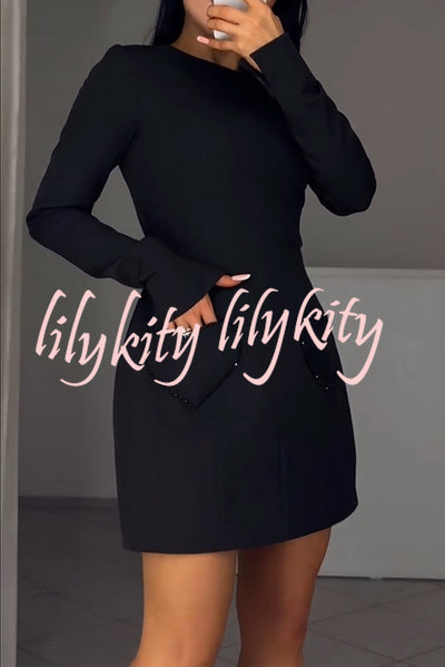 Anna Sparkling Gemstone Trim Heart Pocket Long Sleeve Mini Dress