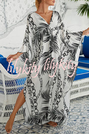 Simple Unique Printed Pleated Front Slit Cover Up