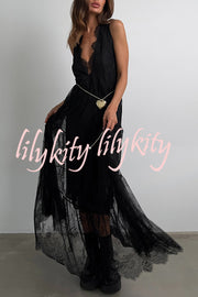 Fashionable Sheer Lace V-neck Backless Elegant Maxi Dress