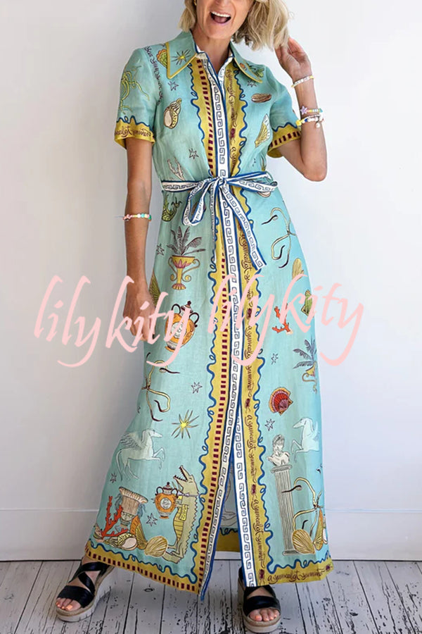 Deep Sea Dreaming Linen Blend Unique Print Short Sleeve Tie-up Shirt Maxi Dress