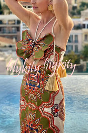 Rosalyn Unique Print 3D Butterfly Cutout Tassle Strap Halter Maxi Dress