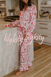 Christmas Night Satin Loose Shirt and Elastic Waist Pocketed Pajama Set