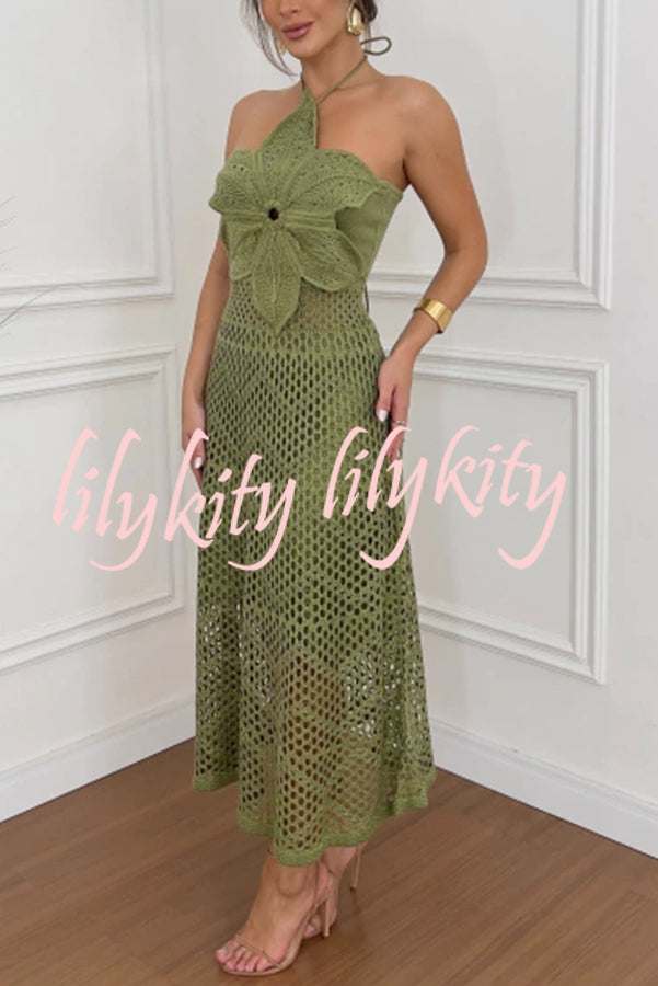 Libby Crochet Knit Oversized Flower Design Halter Texture Maxi Dress