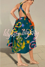 Fresh Summer Crossover Backless Pocketed Loose Midi Dress