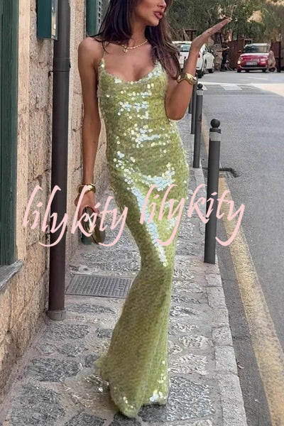 Fashionable Sequined Sexy Open Back Slim Maxi Dress