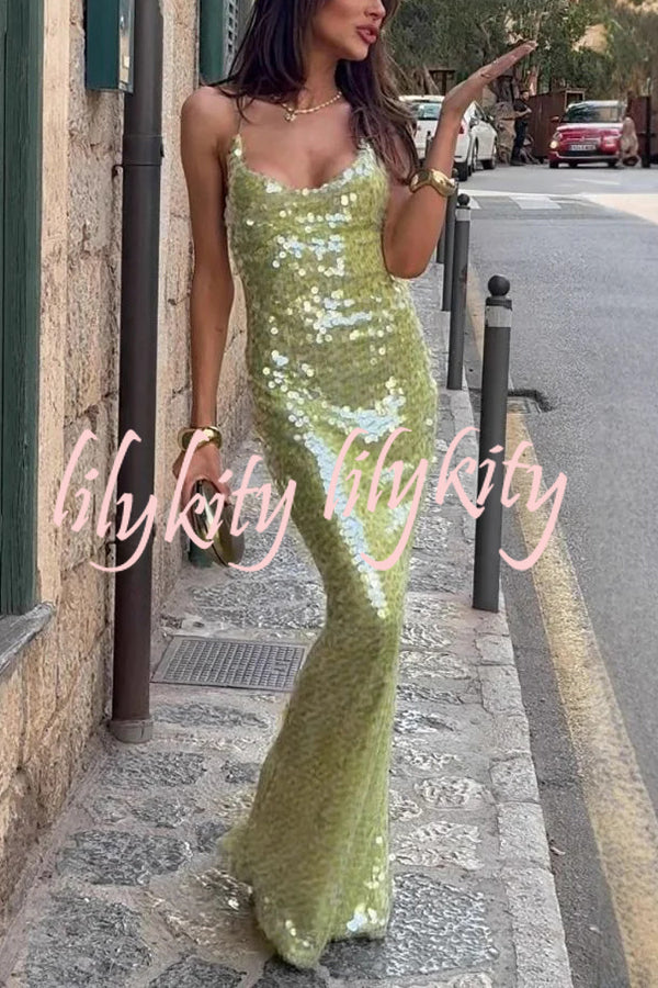 Fashionable Sequined Sexy Open Back Slim Maxi Dress
