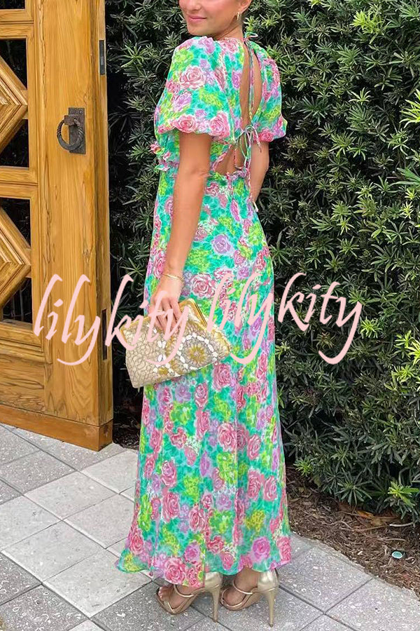 Floral Print V-neck Puff Sleeve Open-back Maxi Dress